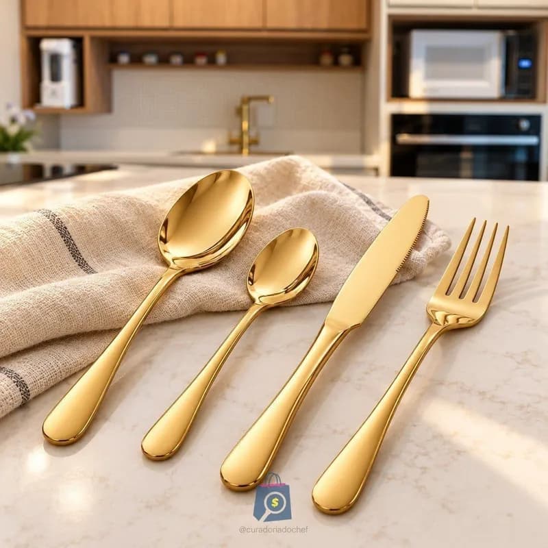 Kit 24 Talheres Luxo Premium Faqueiro Dourado com Maleta