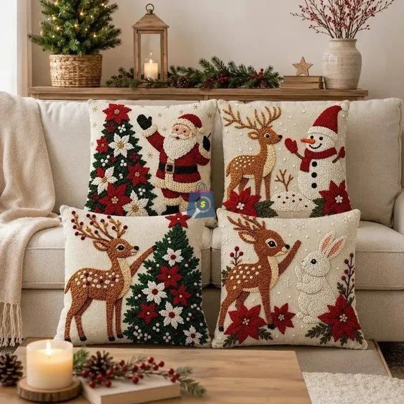 Kit 4 Capas de Almofadas Decorativas de Natal Papai Noel M01