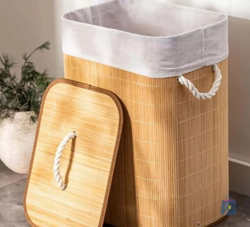 Cesto de Bambu 60L com Tampa, Alça e Forro