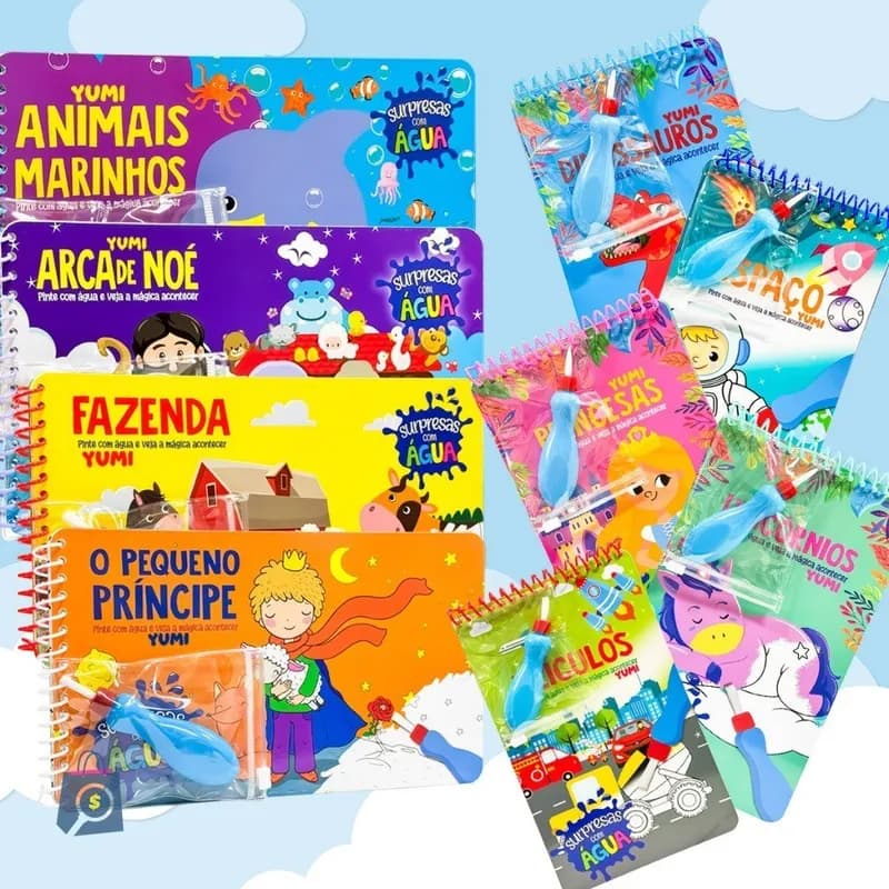 Coleção Agua book / Aquabook com Pincel Para Colorir Com Agua Livro Infantil
